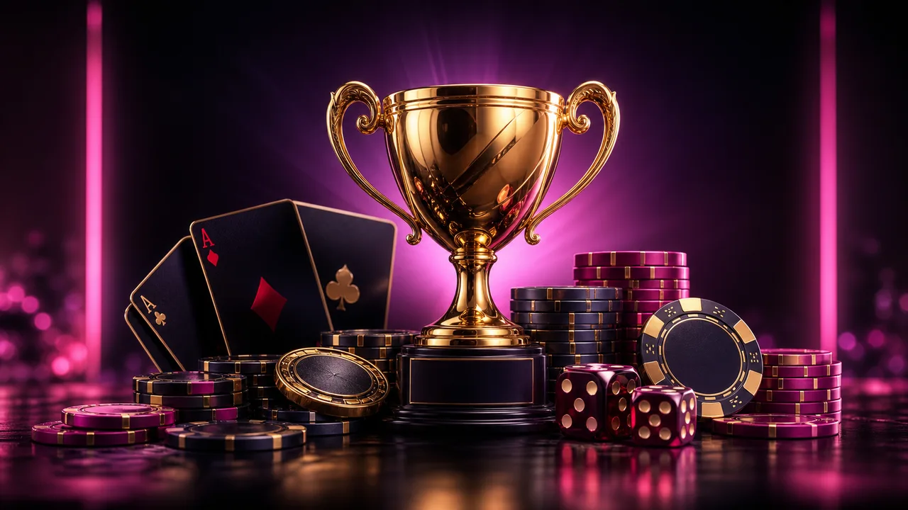 Gold trophy with premium casino chips, cards, and dice