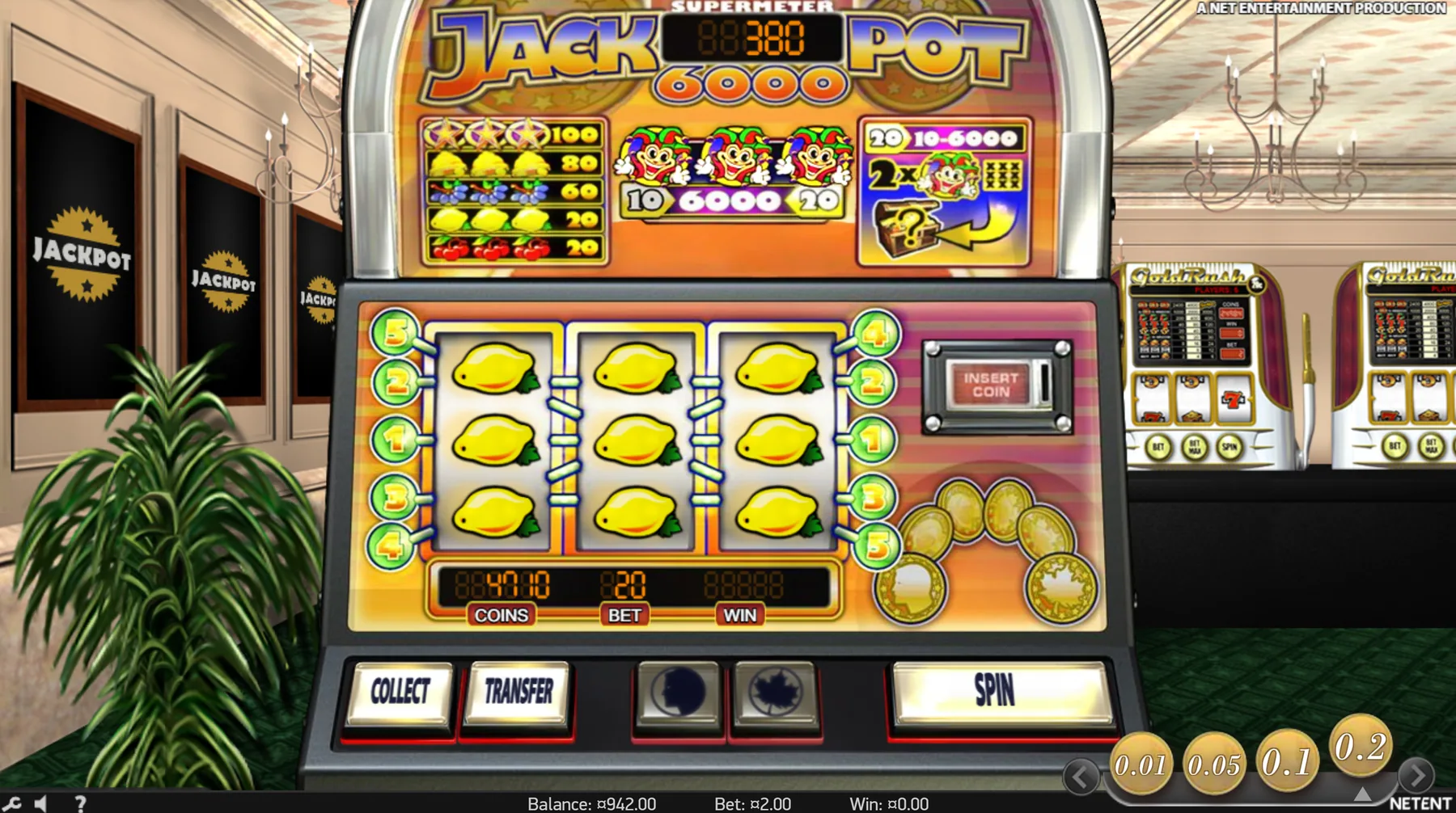 Jackpot 6000 Supermeter screen with lemon symbols across the reels