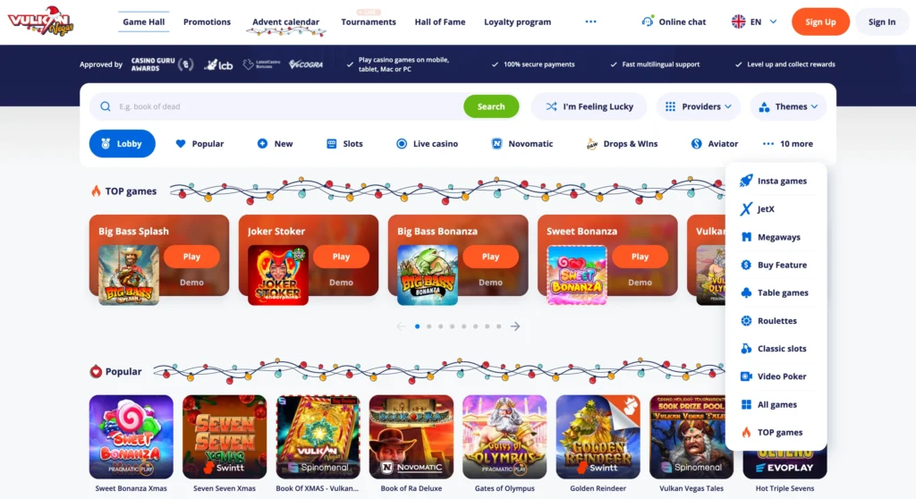 VulkanVegas game selection