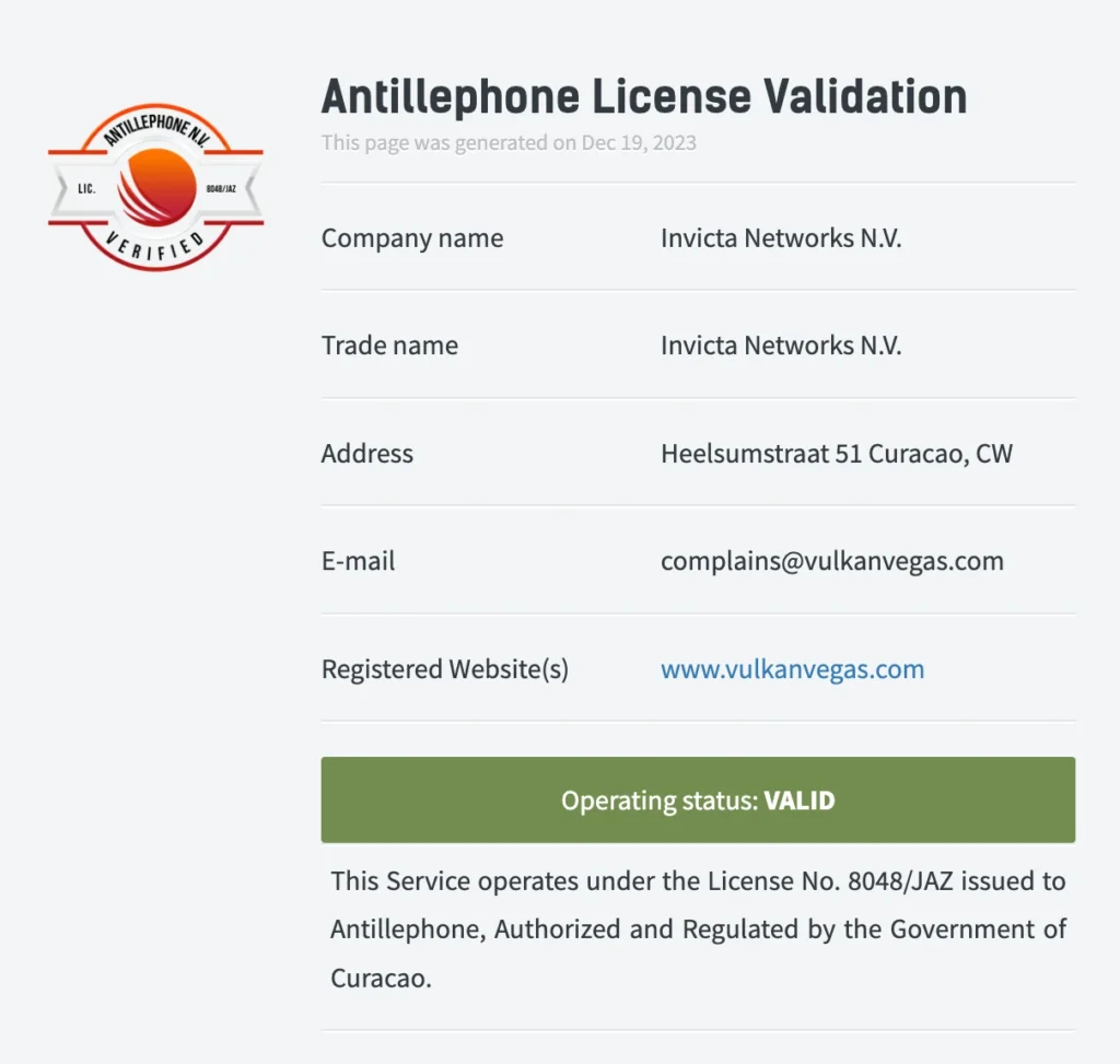 VulkanVegas casino license
